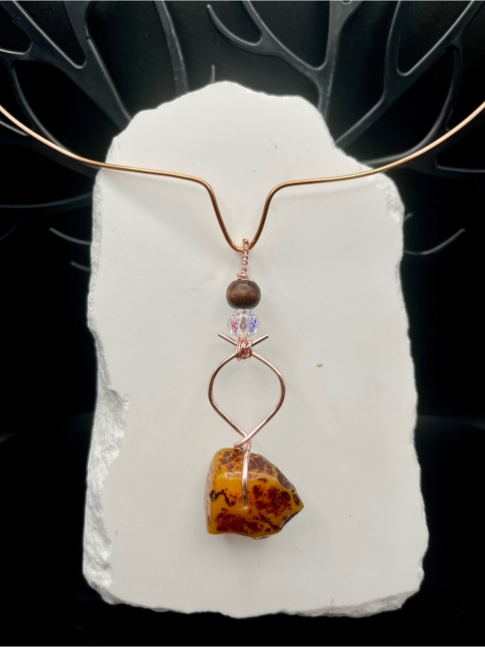 Amber Stone Pendant Necklace with Rose Gold Wire - Unbranded